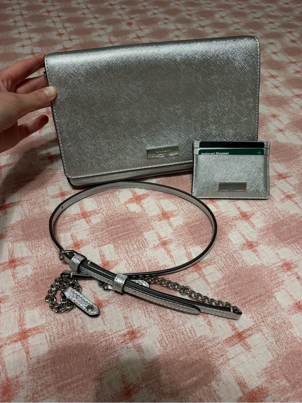 Kate Spade Kenzie Metallic Silver Crossbody Bag + Card Holder COMBO 🤩